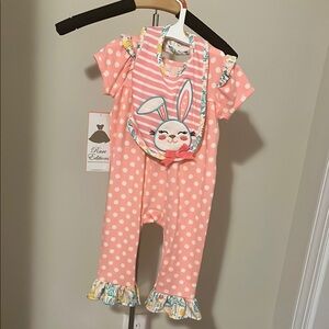 Pink Polka Dot Baby Romper with Bunny Bib
